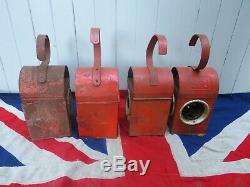 Four Industrial Antique Vintage Red Road Railway Warning Paraffin Lamp Lantern