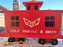 Handmade Folk Art 1972 Wood GM&O Railroad Locomotive Caboose Lamp Set Vintage