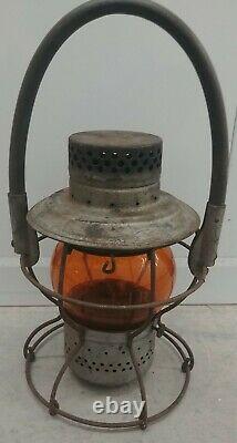 Long Island Railroad Lantern Amber Etched Globe Handlan LIRR Pat'd 1928