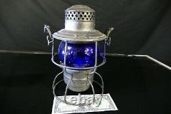 Old antique railroad lantern Adams & Westlake Co Rutland R. R. Vermont blue globe