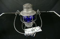 Old antique railroad lantern Adams & Westlake Co Rutland R. R. Vermont blue globe