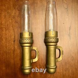 Pair Of Antique Brass Inside Railroad Car Candle Lamp Lantern with Pyrex Chimney
