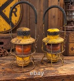 Pair Vintage Adlake Kero Railroad Lanterns Amber Globes Yellow Industrial