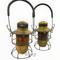 Pair Vintage Adlake Kero Railroad Lanterns Amber Globes Yellow Industrial