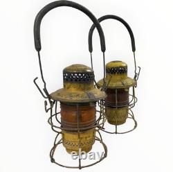 Pair Vintage Adlake Kero Railroad Lanterns Amber Globes Yellow Industrial
