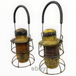 Pair Vintage Adlake Kero Railroad Lanterns Amber Globes Yellow Industrial