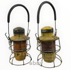 Pair Vintage Adlake Kero Railroad Lanterns Amber Globes Yellow Industrial