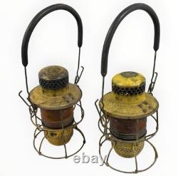 Pair Vintage Adlake Kero Railroad Lanterns Amber Globes Yellow Industrial