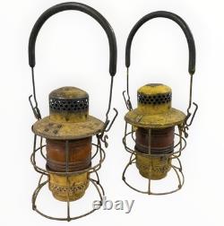 Pair Vintage Adlake Kero Railroad Lanterns Amber Globes Yellow Industrial