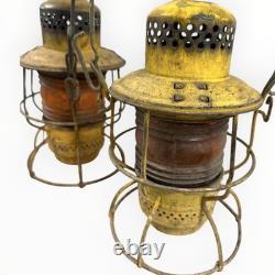 Pair Vintage Adlake Kero Railroad Lanterns Amber Globes Yellow Industrial