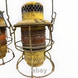 Pair Vintage Adlake Kero Railroad Lanterns Amber Globes Yellow Industrial