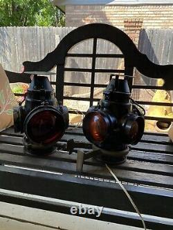 Pair of VINTAGE Railroad Train switch signal Lanterns wired to use as lamps