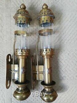 Pair vintage GWR railway carriage brass candle wall lamps sconces complete