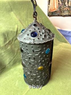 Pierced copper tin hanging lamp with 16 glass jewels made from 1880s Railroad lamp