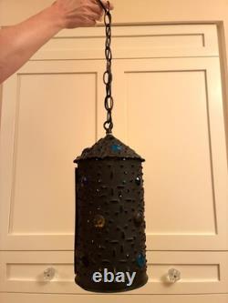 Pierced copper tin hanging lamp with 16 glass jewels made from 1880s Railroad lamp