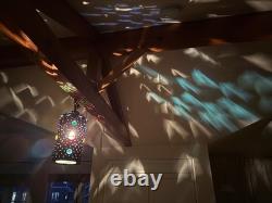 Pierced copper tin hanging lamp with 16 glass jewels made from 1880s Railroad lamp