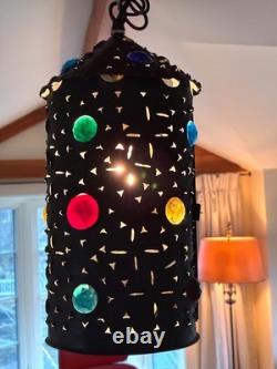 Pierced copper tin hanging lamp with 16 glass jewels made from 1880s Railroad lamp