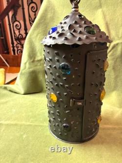 Pierced copper tin hanging lamp with 16 glass jewels made from 1880s Railroad lamp