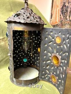 Pierced copper tin hanging lamp with 16 glass jewels made from 1880s Railroad lamp