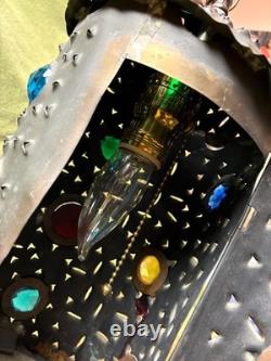 Pierced copper tin hanging lamp with 16 glass jewels made from 1880s Railroad lamp