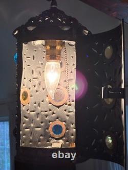 Pierced copper tin hanging lamp with 16 glass jewels made from 1880s Railroad lamp