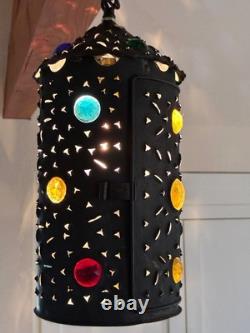 Pierced copper tin hanging lamp with 16 glass jewels made from 1880s Railroad lamp