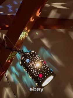 Pierced copper tin hanging lamp with 16 glass jewels made from 1880s Railroad lamp