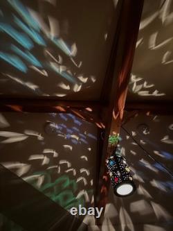 Pierced copper tin hanging lamp with 16 glass jewels made from 1880s Railroad lamp