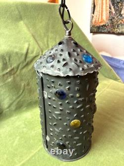Pierced copper tin hanging lamp with 16 glass jewels made from 1880s Railroad lamp