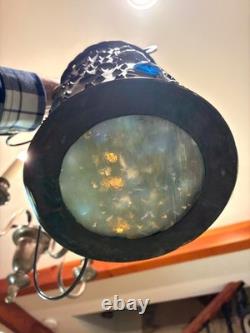 Pierced copper tin hanging lamp with 16 glass jewels made from 1880s Railroad lamp