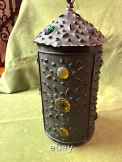 Pierced copper tin hanging lamp with 16 glass jewels made from 1880s Railroad lamp