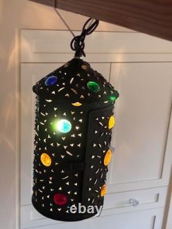 Pierced copper tin hanging lamp with 16 glass jewels made from 1880s Railroad lamp