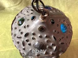Pierced copper tin hanging lamp with 16 glass jewels made from 1880s Railroad lamp
