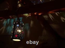 Pierced copper tin hanging lamp with 16 glass jewels made from 1880s Railroad lamp