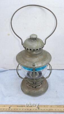 RARE Antique Railroad Presentation Lantern with Blue & Clear Glass Globe Conductor