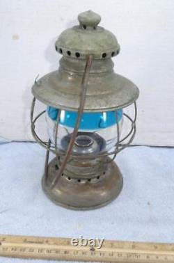 RARE Antique Railroad Presentation Lantern with Blue & Clear Glass Globe Conductor