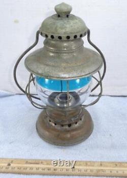 RARE Antique Railroad Presentation Lantern with Blue & Clear Glass Globe Conductor