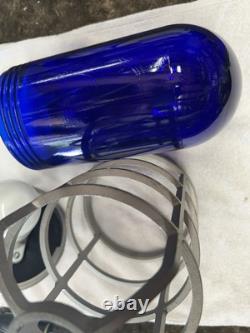 Railroad Signal Light Cobalt, Blue Glass And Vapor Proof Cage