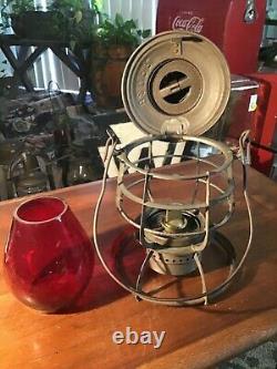 Rare Antique B & M Railroad Lantern With Tall Red Glass Globe