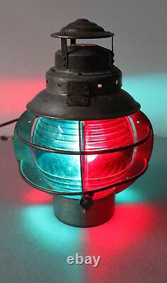 SUPERB c. 1915 Armspear Red & Blue Glass Spherical Railroad Bridge Lantern Lamp