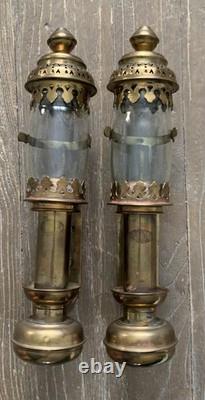 VTG Carriage Brass & Glass Candle Lantern Railroad Car Train Wall Sconce Pr READ