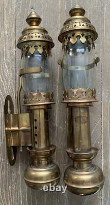 VTG Carriage Brass & Glass Candle Lantern Railroad Car Train Wall Sconce Pr READ