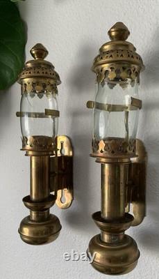 VTG Carriage Brass & Glass Candle Lantern Railroad Car Train Wall Sconce Pr READ