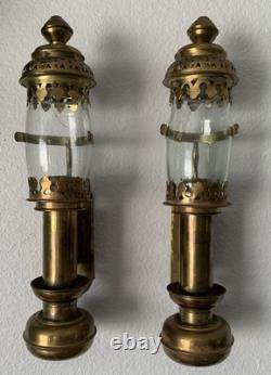 VTG Carriage Brass & Glass Candle Lantern Railroad Car Train Wall Sconce Pr READ