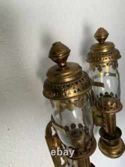 VTG Carriage Brass & Glass Candle Lantern Railroad Car Train Wall Sconce Pr READ