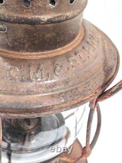 Vintage 1895 Patent Bell Bottom Railroad Lantern With Brass Top & Embossed Globe