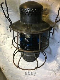 Vintage Adlake Railroad Lantern With Original Cobalt Blue Fresnel Globe Ex. Cond