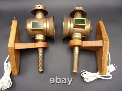Vintage Carriage Lamps Railroad Lantern Electric Brass Wood Wall Sconce Pair