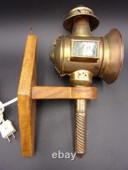 Vintage Carriage Lamps Railroad Lantern Electric Brass Wood Wall Sconce Pair