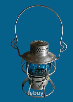 Vintage Dressel Railroad Lantern AT & SF Railway Corning Etched Blue Globe Mint